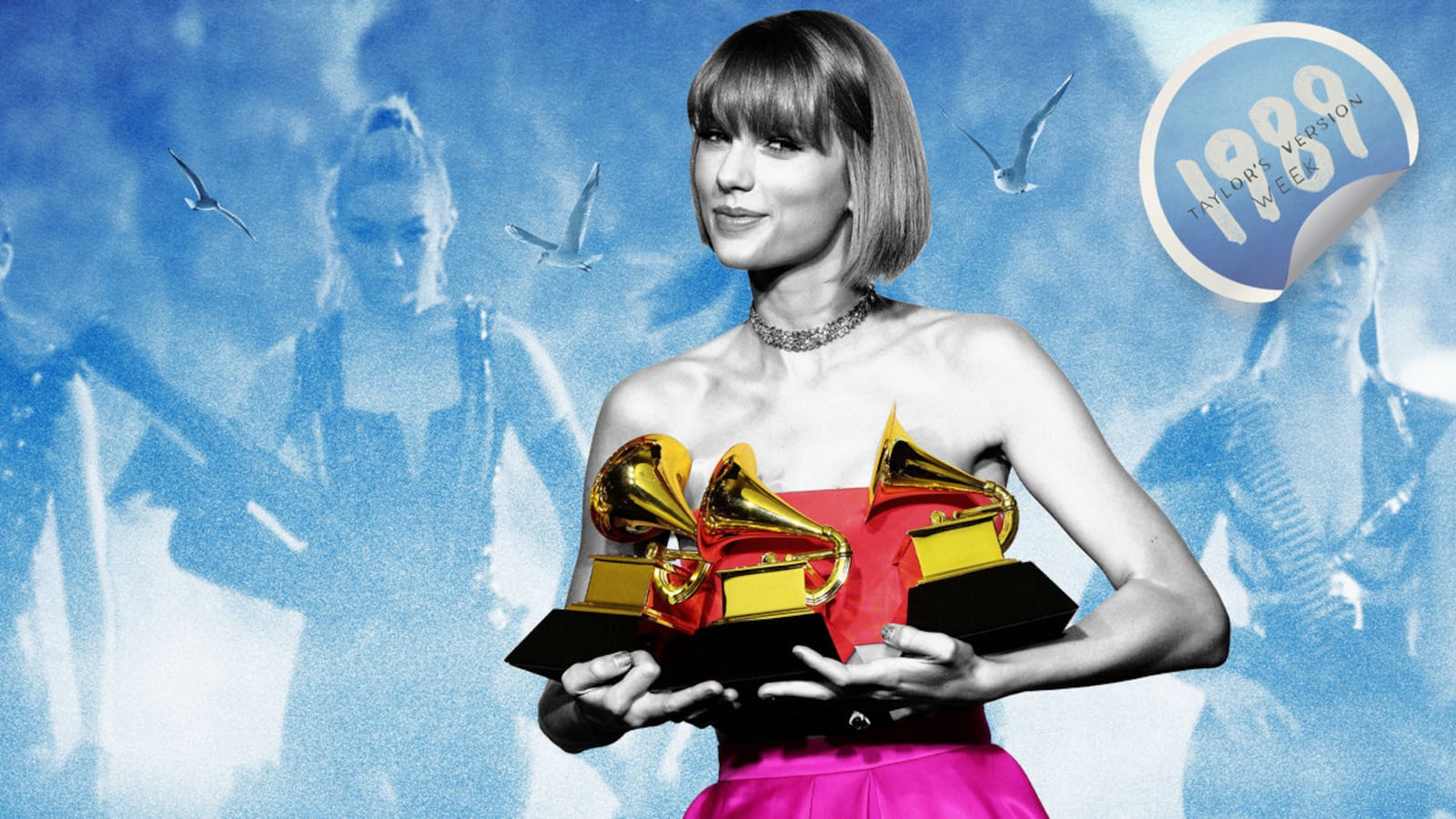 An illustration that includes photos of Taylor Swift and a Still from the music video Bad Blood