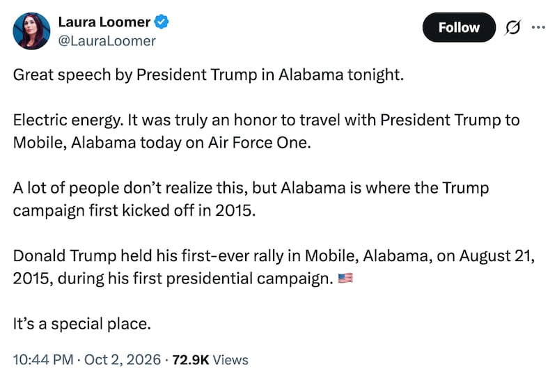 Laura Loomer's post about the Mobile rally.