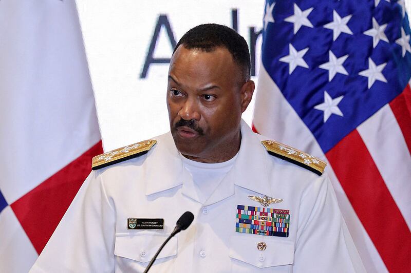 The head of the US Southern Command, Admiral Alvin Holsey, delivers a speech during the Central American Security Conference (CENTSEC25), organized by Panama and the US Southern Command, in Panama City on April 9, 2025. US Secretary of Defense Pete Hegseth arrived in Panama for the regional security summit and to reinforce the Trump administration's continued interest over the canal.