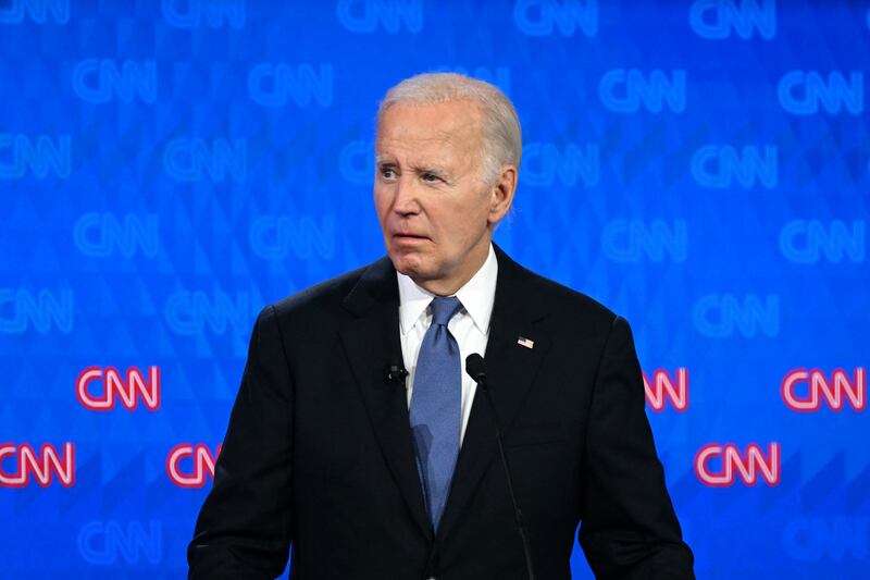 Joe Biden looks on as he participates in the first presidential debate of the 2024 elections with former US President and Republican presidential candidate Donald Trump at CNN's studios in Atlanta, Georgia, on June 27, 2024.