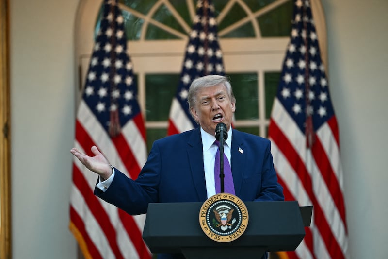 President Donald Trump speaks during a "Rose Garden Club" dinner on May 11, 2026 ahead of the latest Consumer Price Index showing prices are up 3.8 percent from a year ago for Americans.