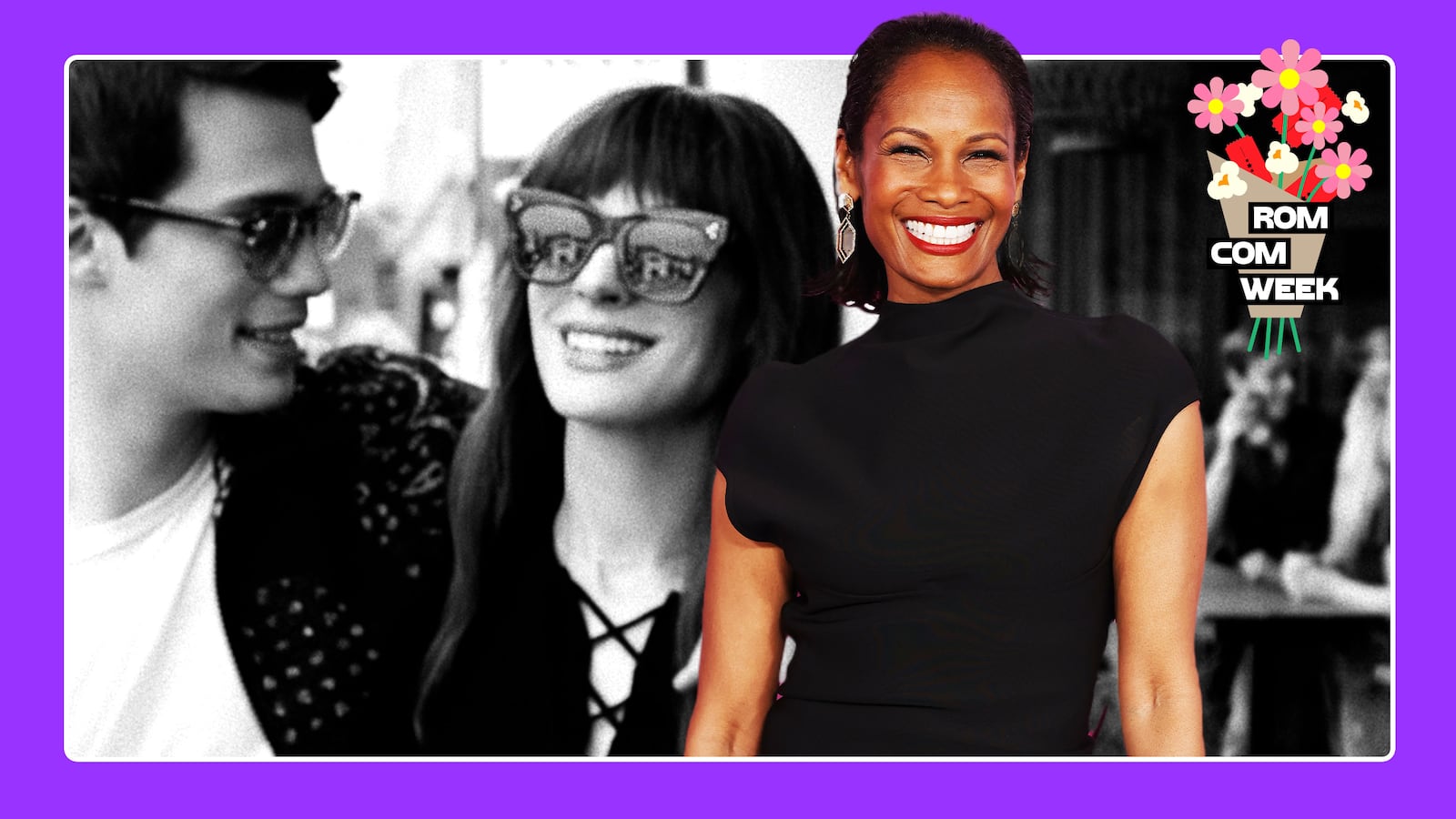 A photo illustration of Robinne Lee in front of a still of Nicholas Galitzine and Anne Hathaway