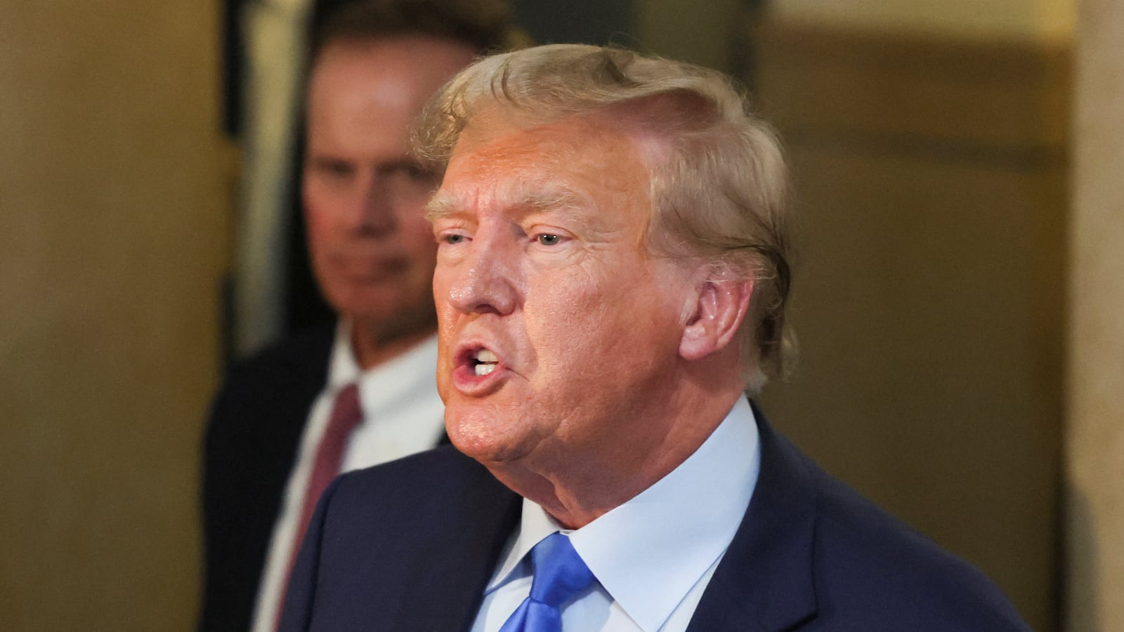 Former U.S. President Donald Trump speaks at a Manhattan courthouse in New York City, U.S., October 2, 2023.