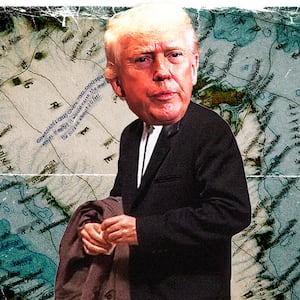 Donald Trump's head on top of John Travolta's body from Pulp Fiction looking confused in front of a map of Greenland