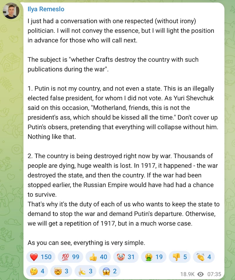 Screenshot, translated from Russian, showing Remeslo's anti-Putin post on Telegram. Ilya Remeslo/Telegram.