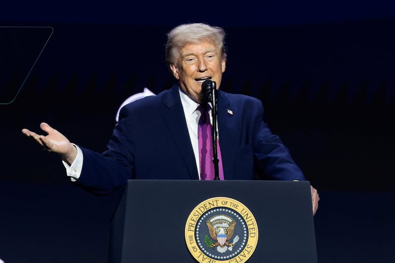President Donald Trump speaks during a Turning Point USA event at Dream City Church in Phoenix, Arizona, U.S., April 17, 2026.