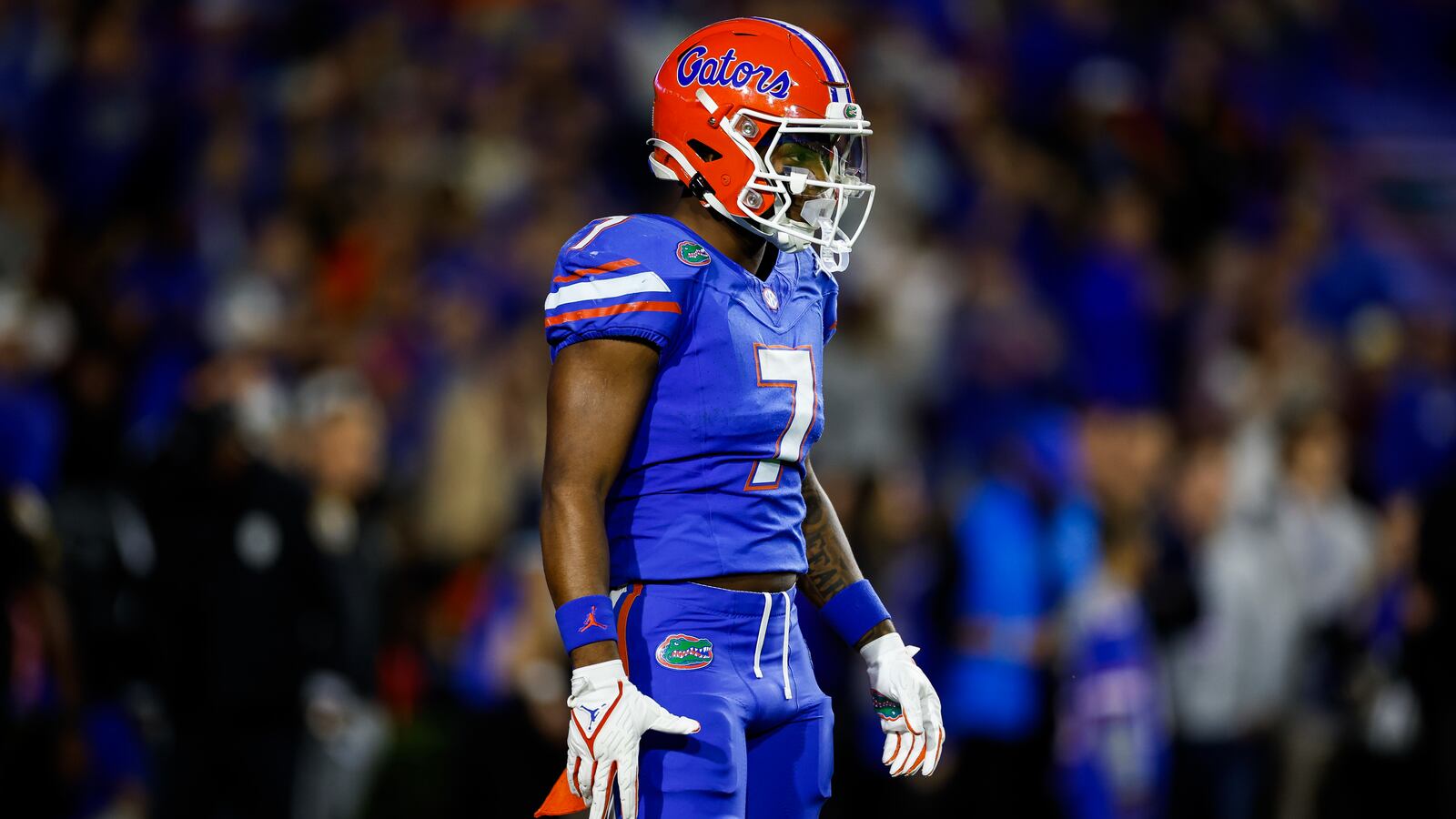 Trevor Etienne of the Florida Gators looks on during the first half of a game against the Florida State Seminoles in 2023.