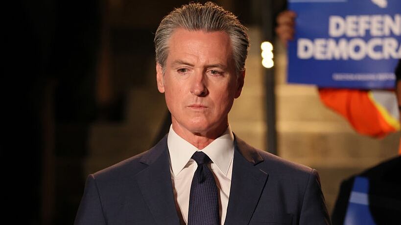 Gov. Gavin Newsom was in Los Angeles to announce an effort to quickly redraw the state's congressional districts at the Japanese American Museum in Los Angeles on Thursday, Aug. 14, 2025. (Allen J. Schaben / Los Angeles Times via Getty Images)