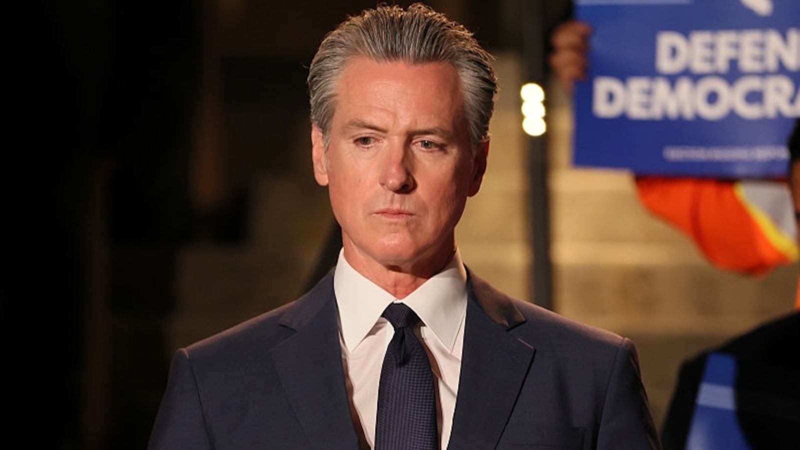 Gov. Gavin Newsom was in Los Angeles to announce an effort to quickly redraw the state's congressional districts at the Japanese American Museum in Los Angeles on Thursday, Aug. 14, 2025. (Allen J. Schaben / Los Angeles Times via Getty Images)