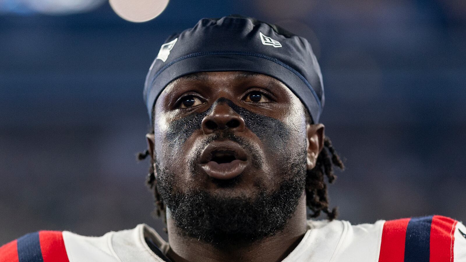 Jabrill Peppers of the New England Patriots looks on during the national anthem prior to an NFL football game between the New York Jets and the New England Patriots at MetLife Stadium on Sept. 19, 2024, in East Rutherford, New Jersey.