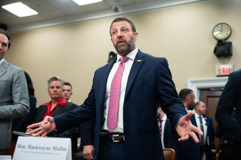 DHS Secretary Markwayne Mullin arrives to testify during the House Appropriations Subcommittee on Homeland Security hearing on June 25, 2026.