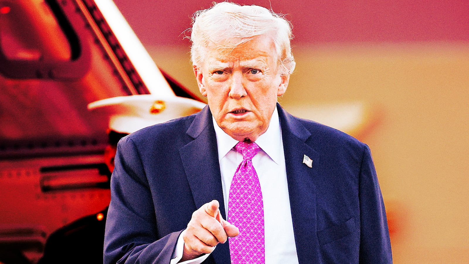 A photo illustration of Donald Trump pointing while he walks to Air Force One at Morristown Airport on Sept. 14, 2025 in New Jersey.