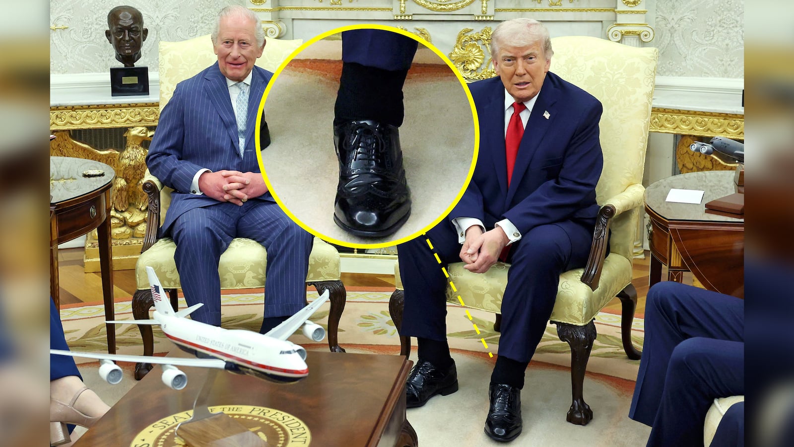 A photo composite of Donald Trump and his cankles with King Charles.