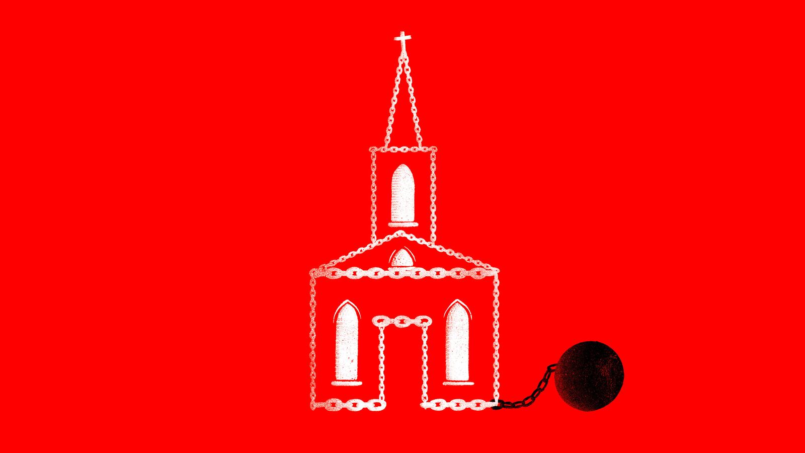Illustration of a New England church made out of chains and a ball and chain attached to it
