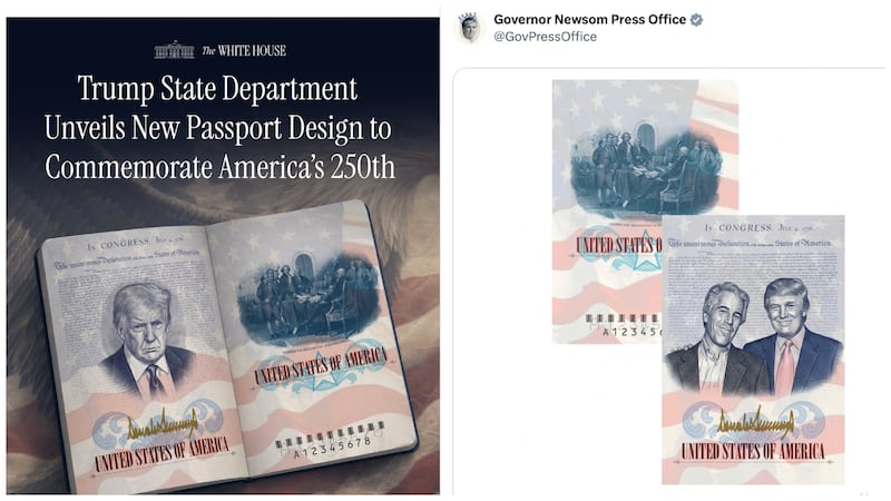 Gavin Newsom's Press Office account redesign a passport to feature Trump with Jeffrey Epstein.