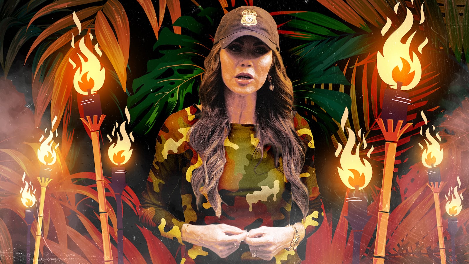 A photo illustration of United States Secretary of Homeland Security Kristi Noem in a jungle with tiki torches.