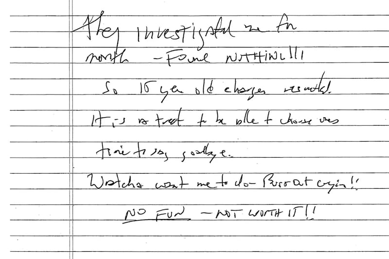 A suicide note purportedly written by Jeffrey Epstein.