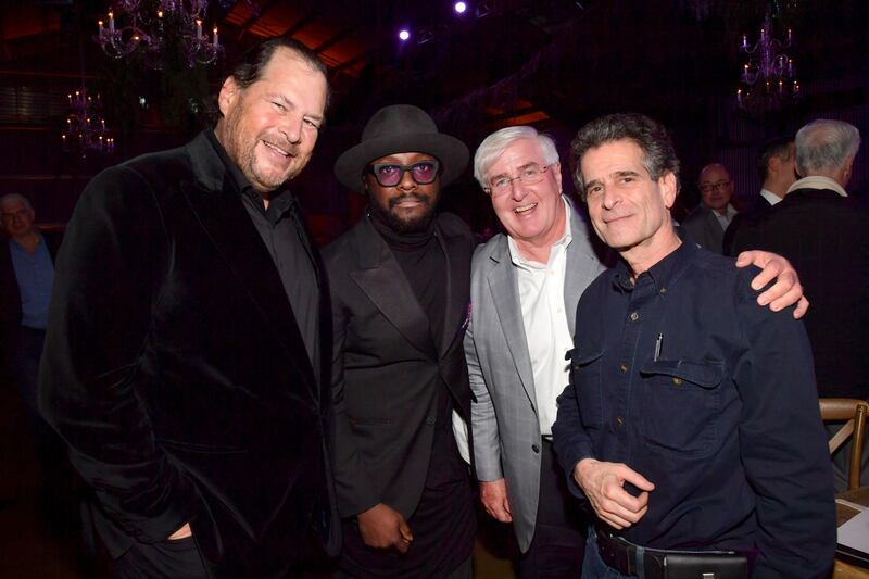 Honoree Marc Benioff, host will.i.am, investor Ron Conway and engineer Dean Kamen attend will.i.am's i.am.angel Foundation TRANS4M 2017 Gala