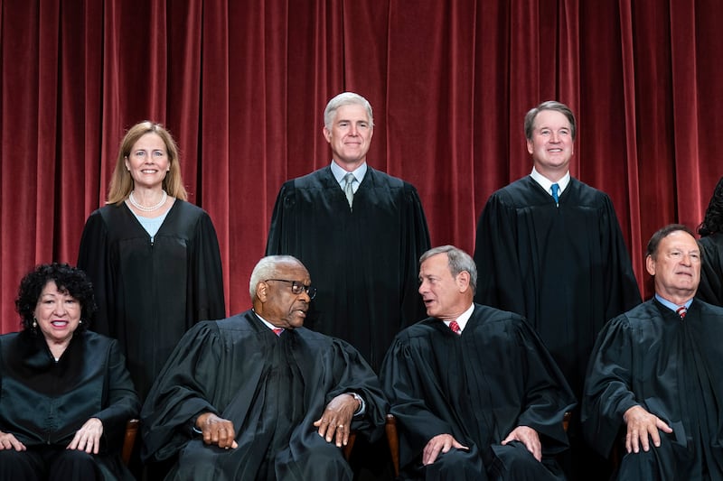 Bottom row, from left, Associate Justice Sonia Sotomayor, Associate Justice Clarence Thomas, Chief Justice of the United States John Roberts, Associate Justice Samuel Alito. Top row, from left, Associate Justice Amy Coney Barrett, Associate Justice Neil Gorsuch, and Associate Justice Brett Kavanaugh.