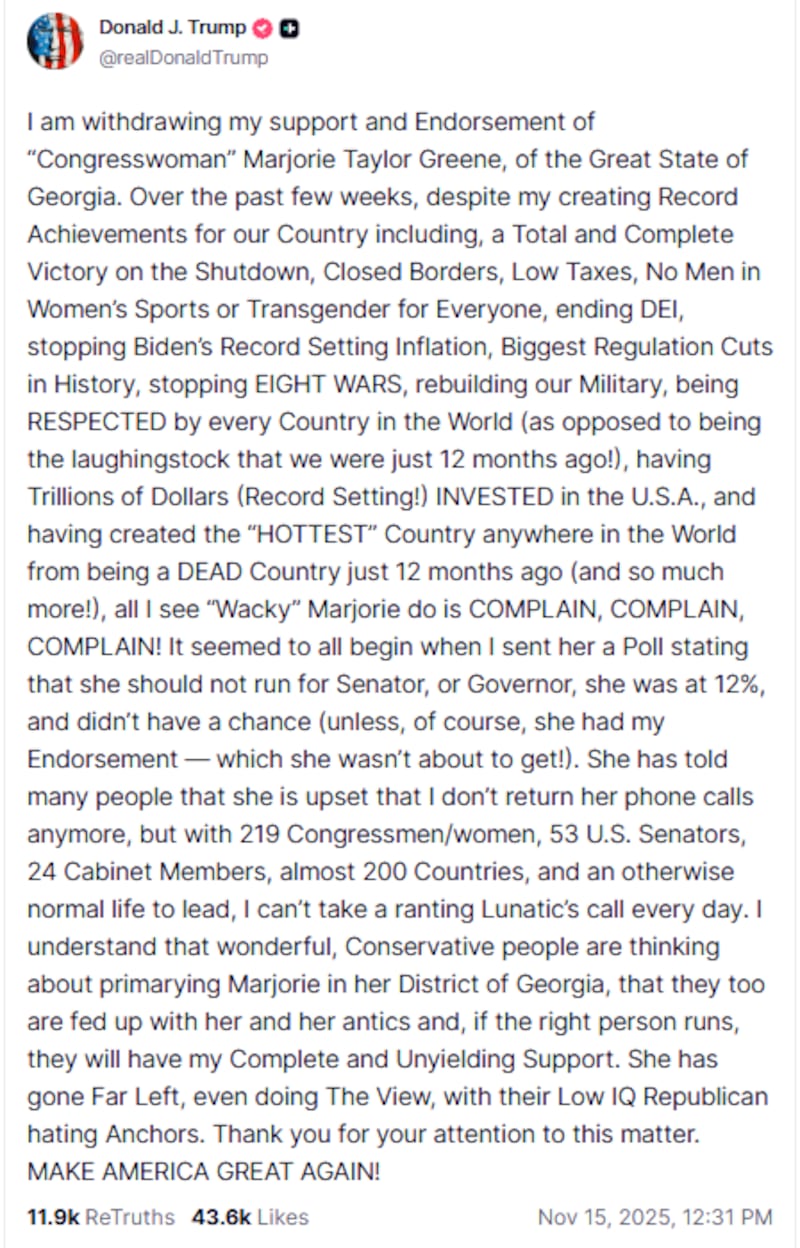 Donald Trump lashes out at Marjorie Taylor Greene in late-night rant on Nov. 14.