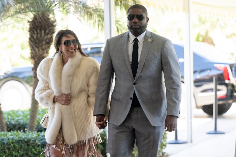 US Representative Byron Donalds, Republican of Florida, and his wife Erika arrive to attend the wedding of Dan Scavino