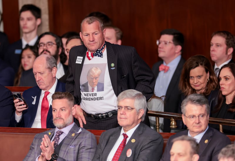 Troy Nehls (R-TX) wears a Donald Trump themed shirt during President Joe Biden's State of the Union address during a joint meeting of Congress in the House chamber at the U.S. Capitol on March 07, 2024 in Washington, DC.