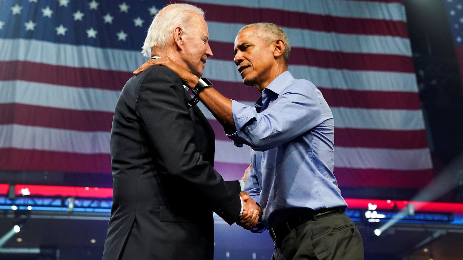Joe Biden and Barack Obama attend a campaign event for John Fetterman and Josh Shapiro in Philadelphia, Pennsylvania, U.S. November 5, 2022.