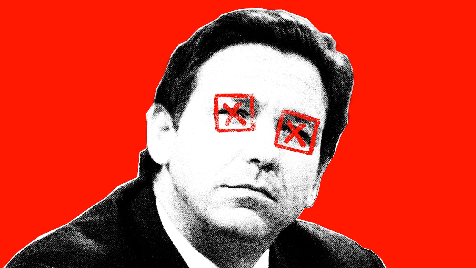 Photo illustration of Ron DeSantis with "x"s over his eyes on a red background
