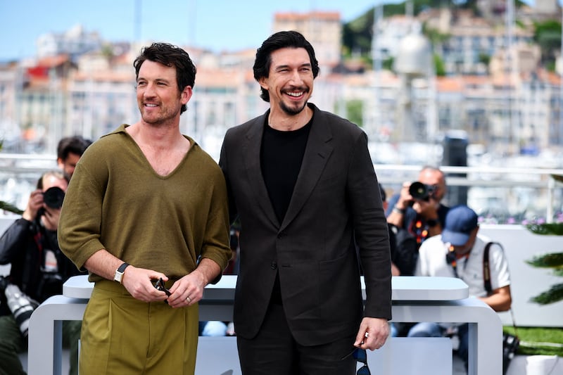 Miles Teller and Adam Driver pose during a photocall for the film "Paper Tiger"