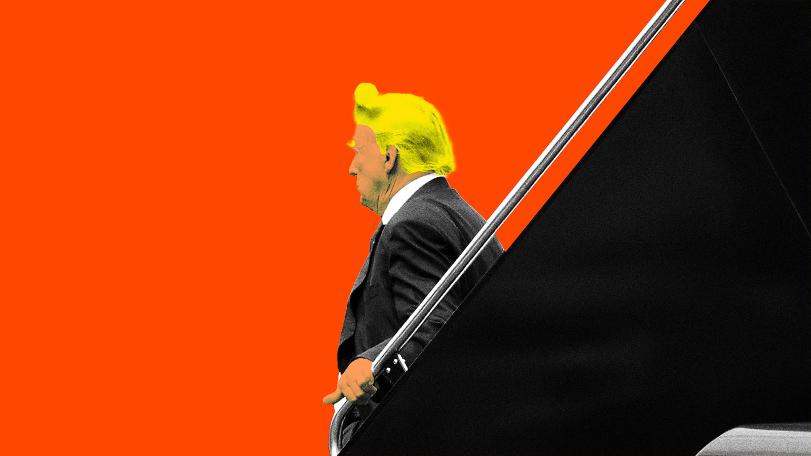 Photo illustration of Donald Trump getting off his plane to arrive at his indictment proceedings in Washington, DC