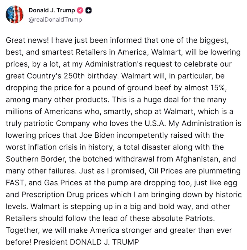 Screenshot of Trump's Truth Social post.
