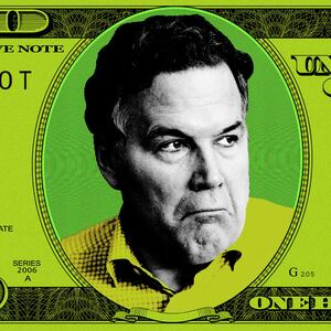 An illustration including a photo of Dave McCormick on a hundred dollar bill