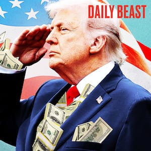 Trump with money stuffed into his suit. illo
