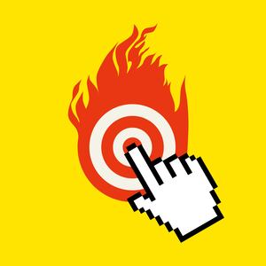 Illustration of a computer hand cursor on a red and white target set aflame.