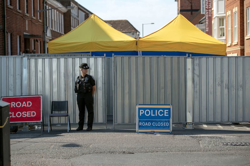 Police remain at the scene in Rollestone Street, Salisbury, where counter-terrorism officers are investigating after Dawn Sturgess died after she and her partner were exposed to the nerve agent Novichok. (Photo by Steve Parsons/PA Images via Getty Images)