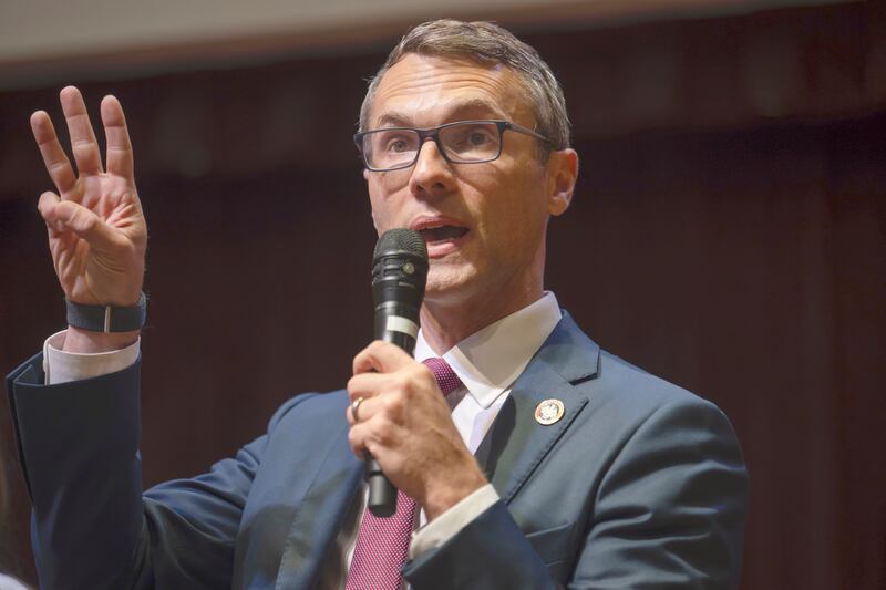 James Walkinshaw (D) speaks during the Congressional District 11 Candidates Forum at the Reston Community Center on June 24, 2025 in Reston, VA.