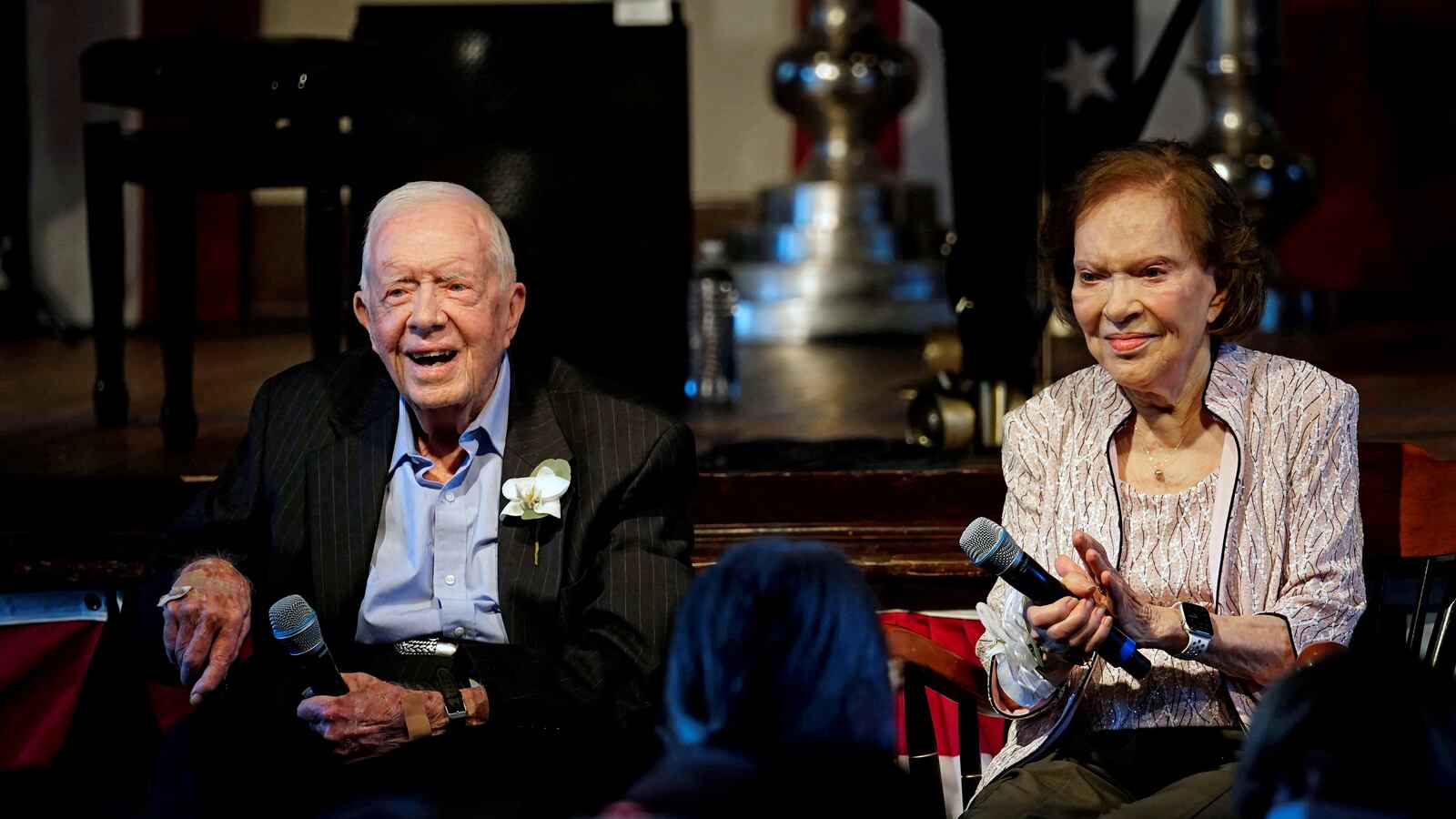 Former President Jimmy Carter and his wife, Rosalynn, during a reception to celebrate their 75th wedding anniversary in Plains, Georgia, in 2021.