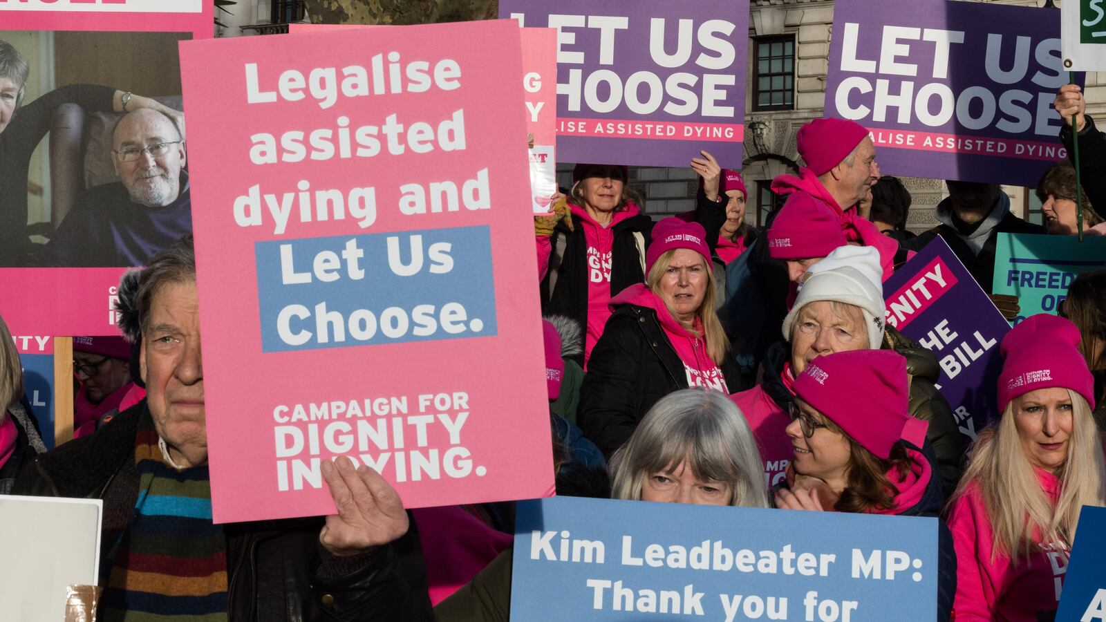 People gather in Parliament Square to demonstrate their support for assisted dying as Kim Leadbeater MP's Terminally Ill Adults (End of Life) Bill reaches its Second Reading debate and vote in the House of Commons in London, United Kingdom on November 29, 2024.