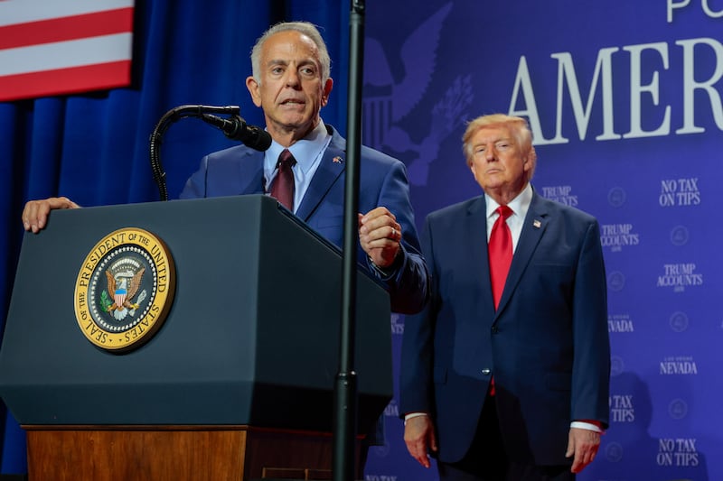 LAS VEGAS, NEVADA - AUGUST 05: Nevada Gov. Joe Lombardo delivers remarks as U.S. President Donald Trump listens during an event at Red Rock Casino Resort and Spa on August 05, 2026 in Las Vegas, Nevada. Trump is expected to promote recent tax relief initiatives aimed at American workers, highlight the administration’s economic platform and endorse Gov. Joe Lombardo in his re-election campaign against Nevada Attorney General Aaron Ford. (Photo by Chip Somodevilla/Getty Images)