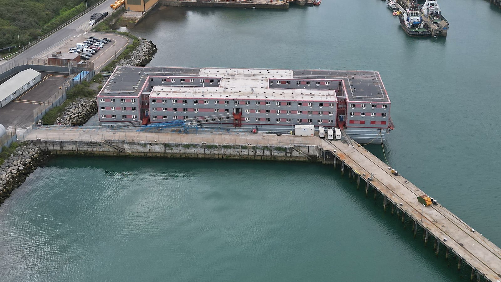 An aerial view shows the Bibby Stockholm barge moored at Portland Port, near Poole, Britain, August 7, 2023.