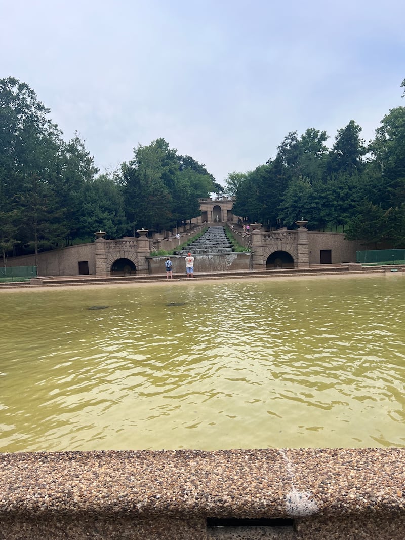 Water from the fountain has gone from brown to a murky shade of split pea green.