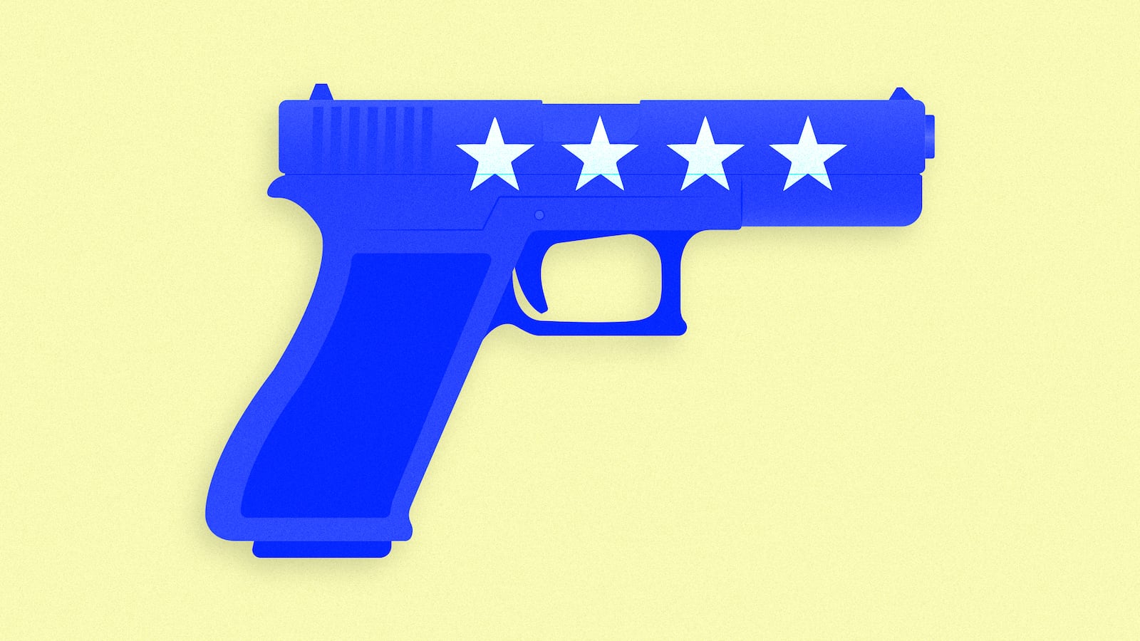 A photo illustration of a blue handgun with white stars.