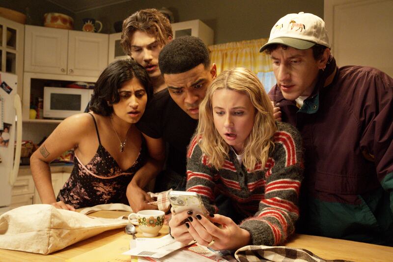 FX's Adults -- Ep. 204 -- Pictured: (l-r) Amita Rao as Issa, Jack Innanen as Paul Baker, Owen Thiele as Anton, Lucy Freyer as Billie,  Malik Elassal as Samir.. CR: Michael Gibson/FX