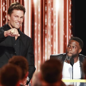 INGLEWOOD, CALIFORNIA - MAY 05: (L-R) Tom Brady and Kevin Hart speak onstage during G.R.O.A.T The Greatest Roast Of All Time: Tom Brady for the Netflix is a Joke Festival at The Kia Forum on May 05, 2024, in Inglewood, California.  (Photo by Matt Winkelmeyer/Getty Images for Netflix)