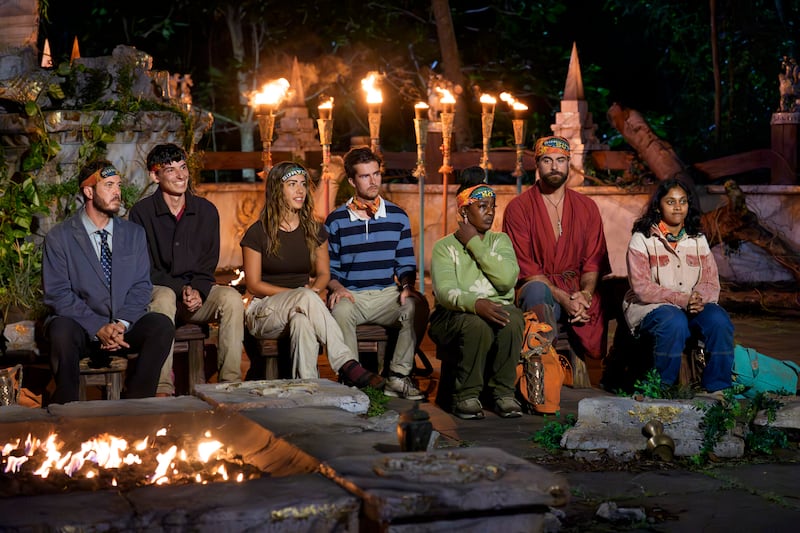 “Open Wounds” –Tensions flare after Tribal Council when one castaway’s self-proclaimed “temper tantrum” rubs some members of their tribe the wrong way. Rivals clash in “Operation Bad Blood” and the stakes rise as two tribes are sent to Tribal Council, on SURVIVOR 50, Wednesday, March 25 (8:00-9:30 PM, ET/PT) on the CBS Television Network, and streaming on Paramount+ (live and on-demand for Paramount+ Premium plan subscribers, or on-demand for Paramount+ Essential subscribers the day after the episode airs)*. Jeff Probst serves as host and executive producer.  Pictured L to R: Rick Devens, Rizo Velovic, Dee Valladares, Charlie Davis, Cirie Fields, Jonathan Young, and Kamilla Karthigesu.   Photo: Robert Voets/CBS ©2025 CBS Broadcasting, Inc. All Rights Reserved.