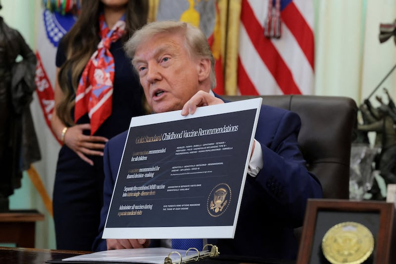 President Donald Trump speaks during an event to sign an executive order regarding vaccine flexibility, in the Oval Office at the White House in Washington, D.C. on August 10, 2026.