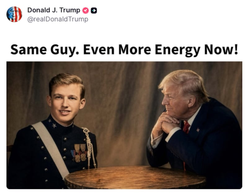 A composite photo of Trump as a young man in military school next to Trump now looking on at his younger self.
