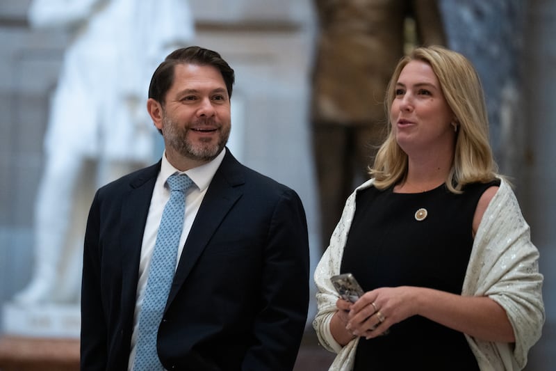 Sen. Ruben Gallego, D-Ariz., and his wife, Sydney, are seen in the U.S. Capitol's Statuary Hall before King Charles III addressed a joint meeting of Congress on Tuesday, April 28, 2026.