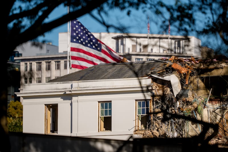 The facade of the East Wing of the White House is demolished by work crews on October 22, 2025 in Washington, D.C.