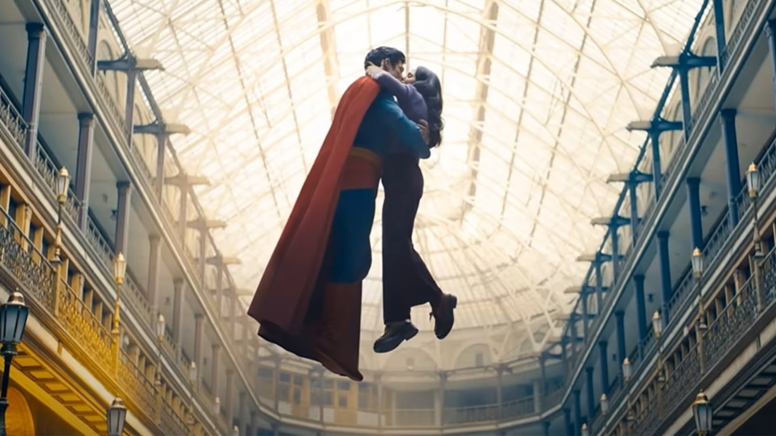 Shot of Superman and Lois Lane kissing in midair taken from the new film.